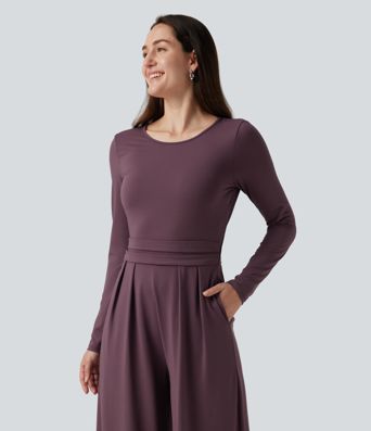 Jumpsuit með kringlóttum hálsmáli, löngum ermum, víðum fótleggjum og vösum – Easy Peezy útgáfa