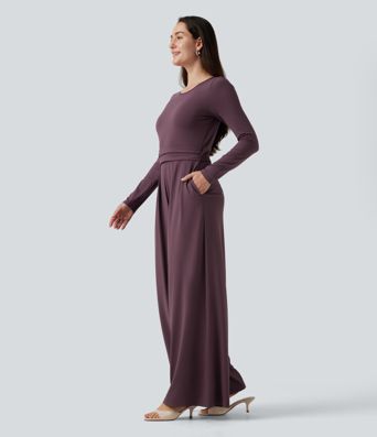 Jumpsuit með kringlóttum hálsmáli, löngum ermum, víðum fótleggjum og vösum – Easy Peezy útgáfa