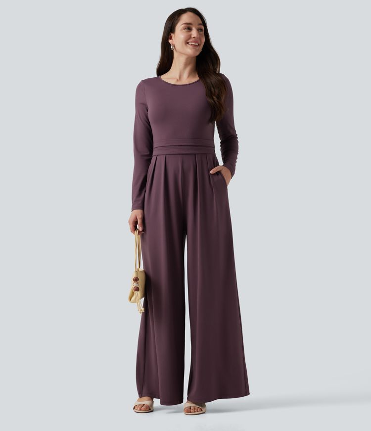 Jumpsuit með kringlóttum hálsmáli, löngum ermum, víðum fótleggjum og vösum – Easy Peezy útgáfa