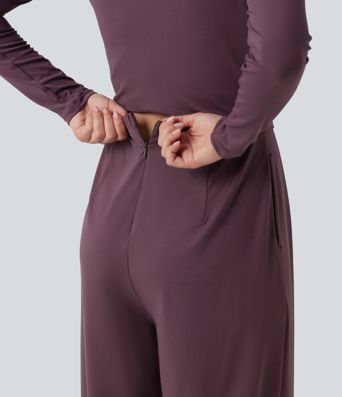 Jumpsuit með kringlóttum hálsmáli, löngum ermum, víðum fótleggjum og vösum – Easy Peezy útgáfa