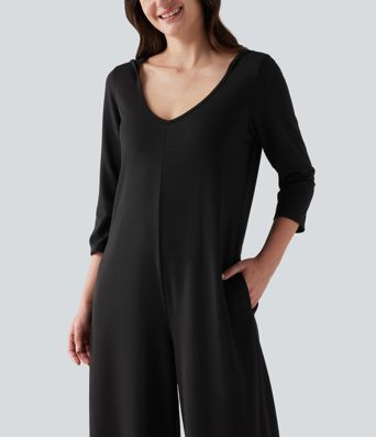 Hooded 3/4 Sleeve Baggy Relaxed Casual Jumpsuit with Pockets Hooded 3/4 Sleeve Baggy Relaxed Casual Jumpsuit with Pockets