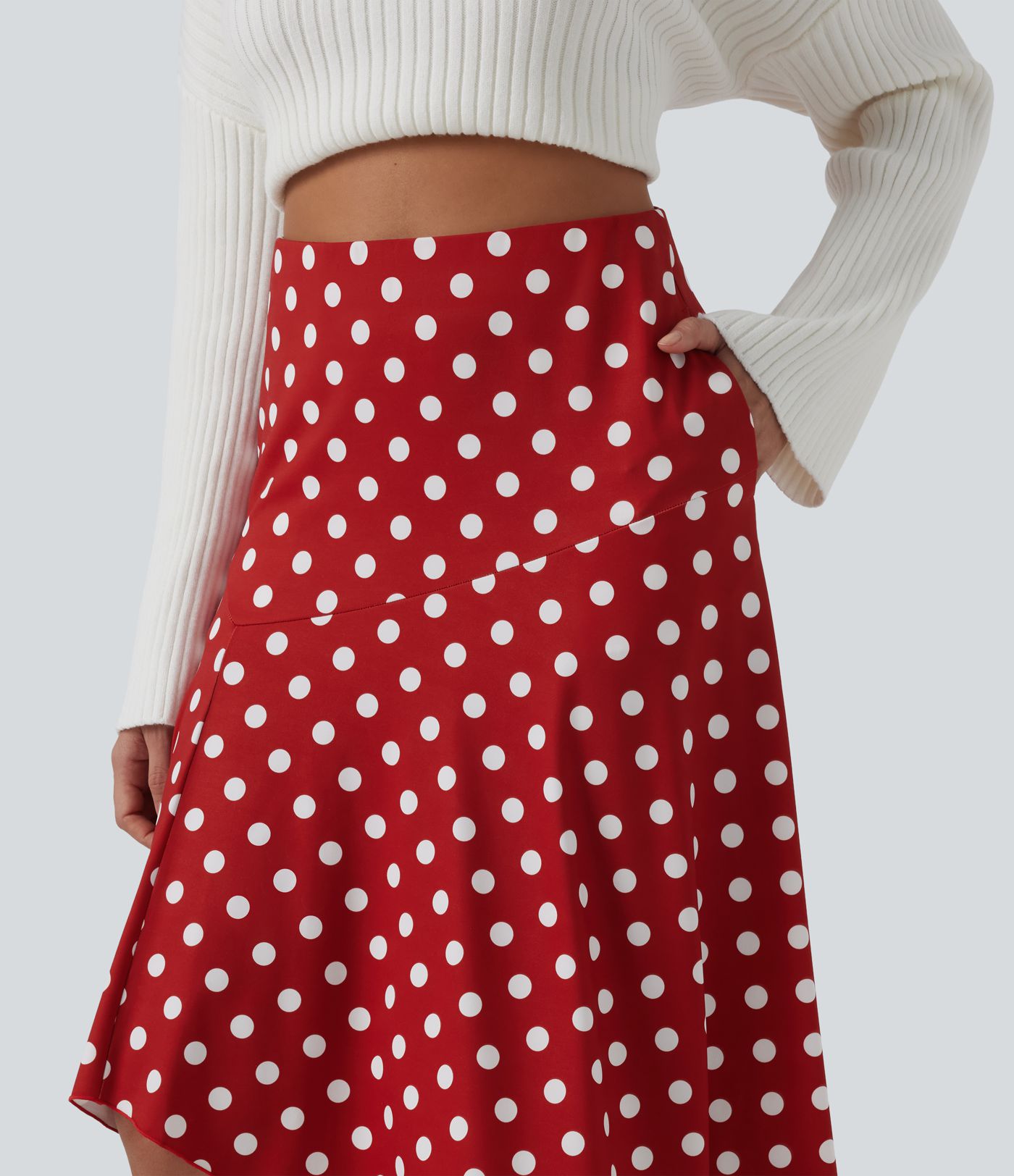 Jupe midi à pois taille haute avec ourlet asymétrique à volants et poches