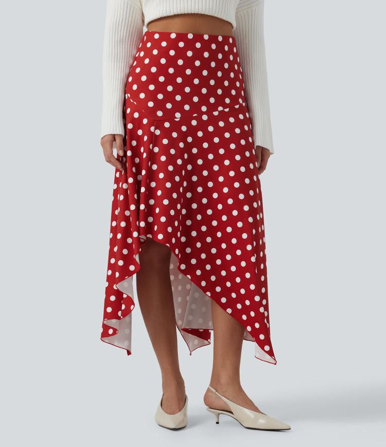 Jupe midi à pois taille haute avec ourlet asymétrique à volants et poches