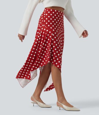Jupe midi à pois taille haute avec ourlet asymétrique à volants et poches