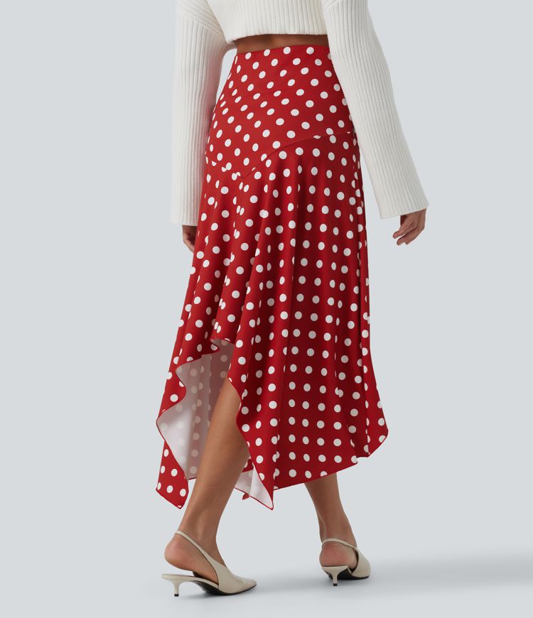 Jupe midi à pois taille haute avec ourlet asymétrique à volants et poches