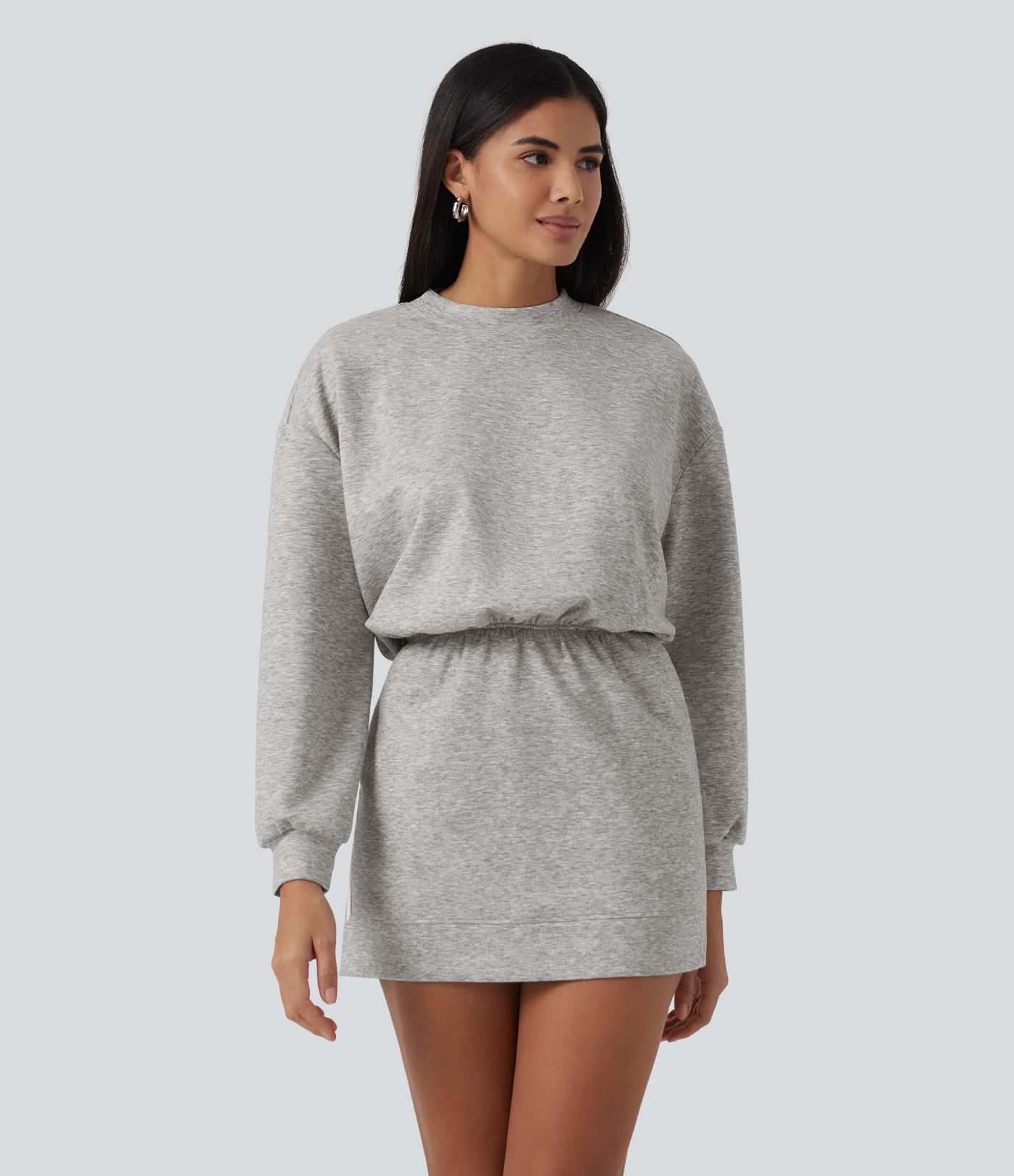 Round Neck Dropped Casual Sweatshirt Mini Dress with Pockets