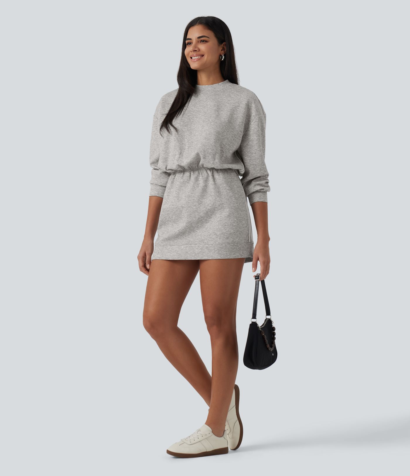 Round Neck Dropped Casual Sweatshirt Mini Dress with Pockets