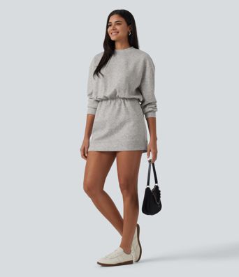 Round Neck Dropped Casual Sweatshirt Mini Dress with Pockets