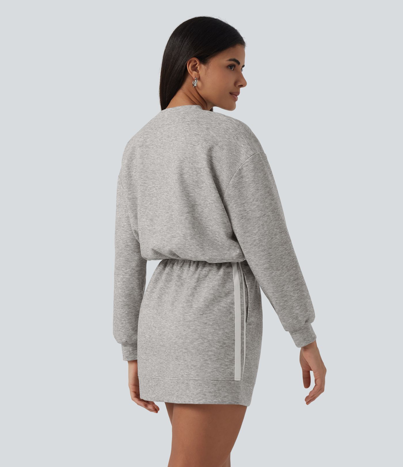 Round Neck Dropped Casual Sweatshirt Mini Dress with Pockets