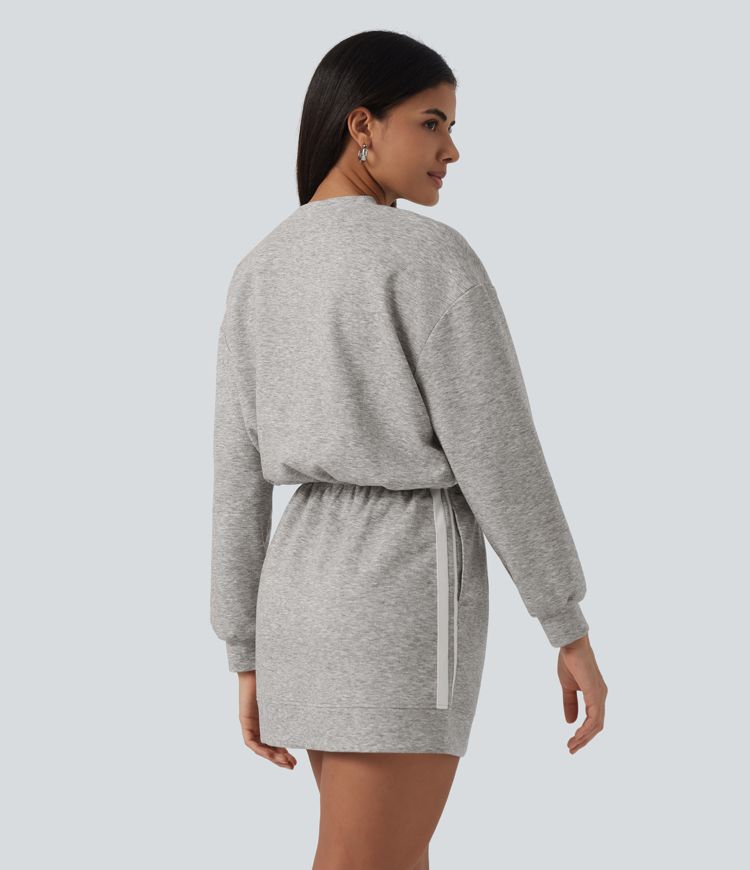 Round Neck Dropped Casual Sweatshirt Mini Dress with Pockets