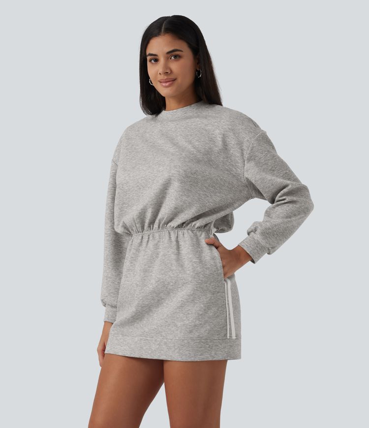 Round Neck Dropped Casual Sweatshirt Mini Dress with Pockets