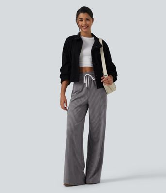High Waisted Drawstring Wide Leg Stripe Workout Pants with Pockets