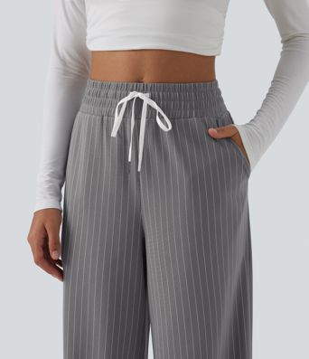 High Waisted Drawstring Wide Leg Stripe Workout Pants with Pockets