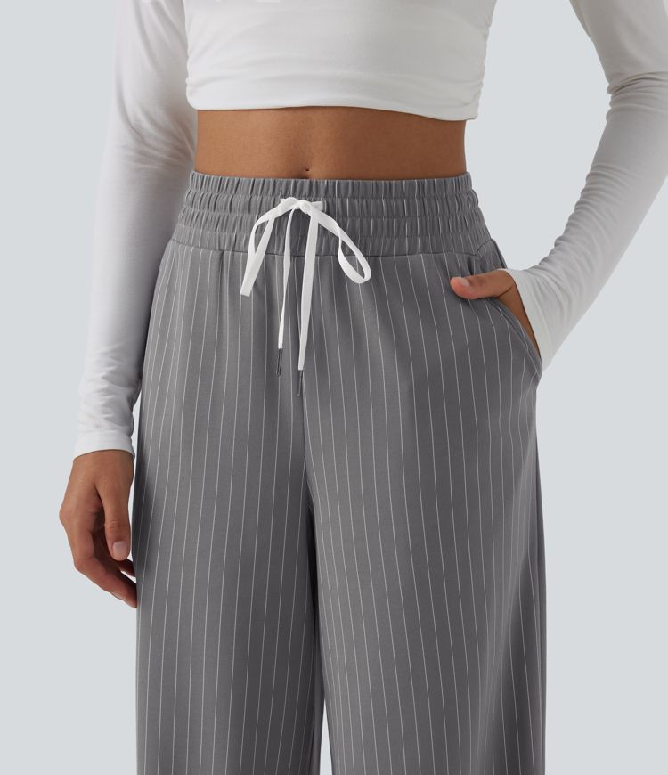 High Waisted Drawstring Wide Leg Stripe Workout Pants with Pockets