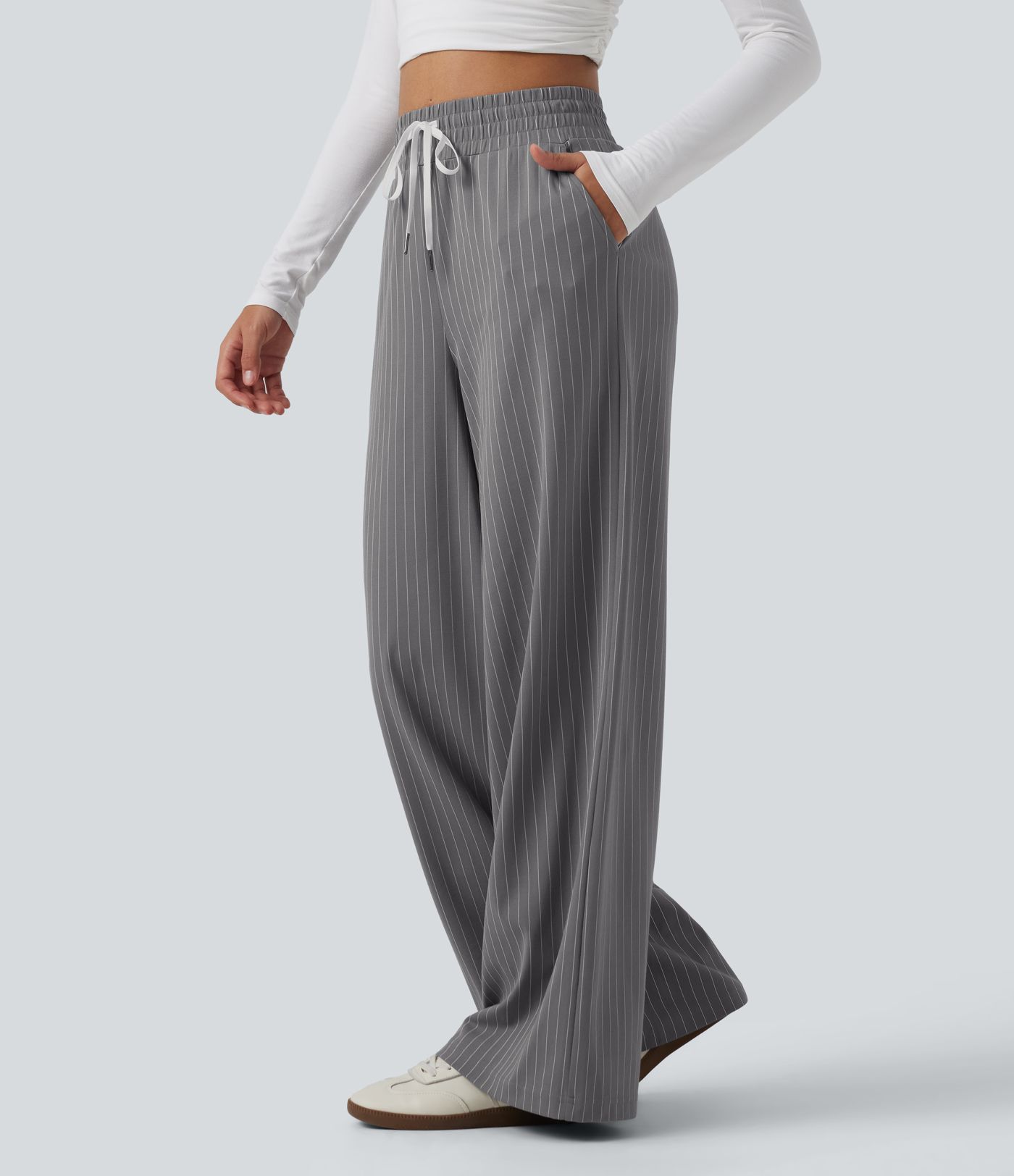 High Waisted Drawstring Wide Leg Stripe Workout Pants with Pockets