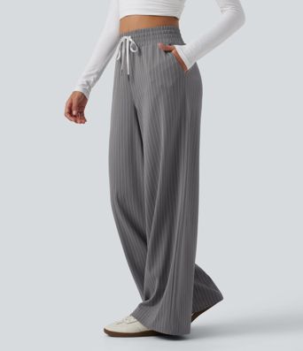 High Waisted Drawstring Wide Leg Stripe Workout Pants with Pockets