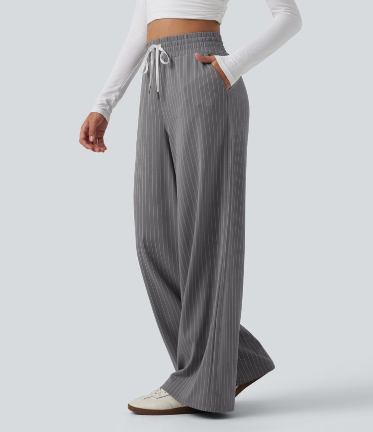 High Waisted Drawstring Wide Leg Stripe Workout Pants with Pockets