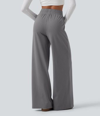 High Waisted Drawstring Wide Leg Stripe Workout Pants with Pockets