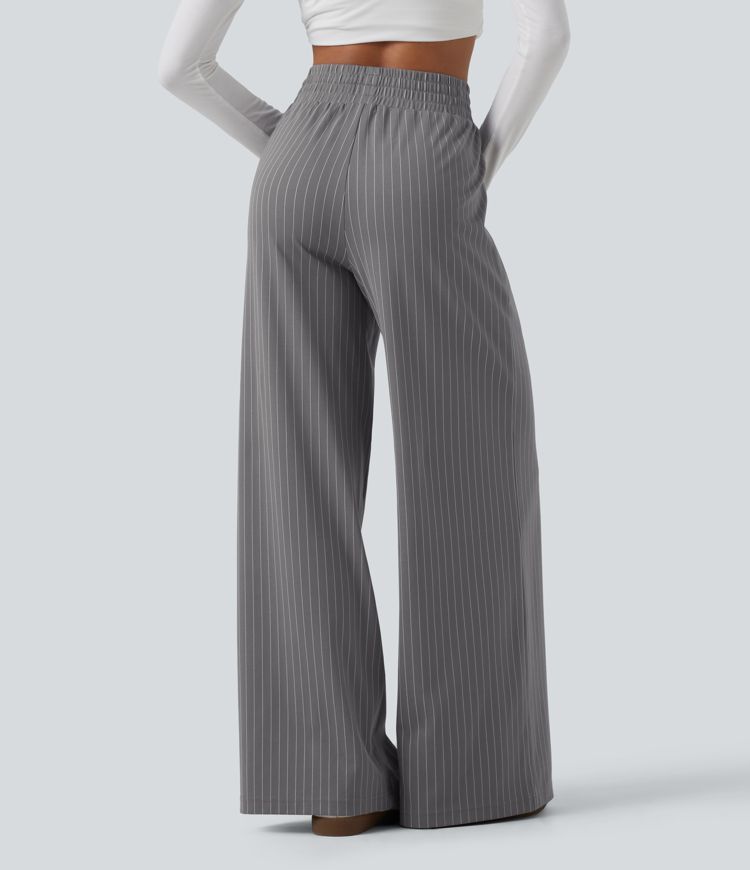 High Waisted Drawstring Wide Leg Stripe Workout Pants with Pockets