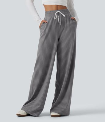 High Waisted Drawstring Wide Leg Stripe Workout Pants with Pockets