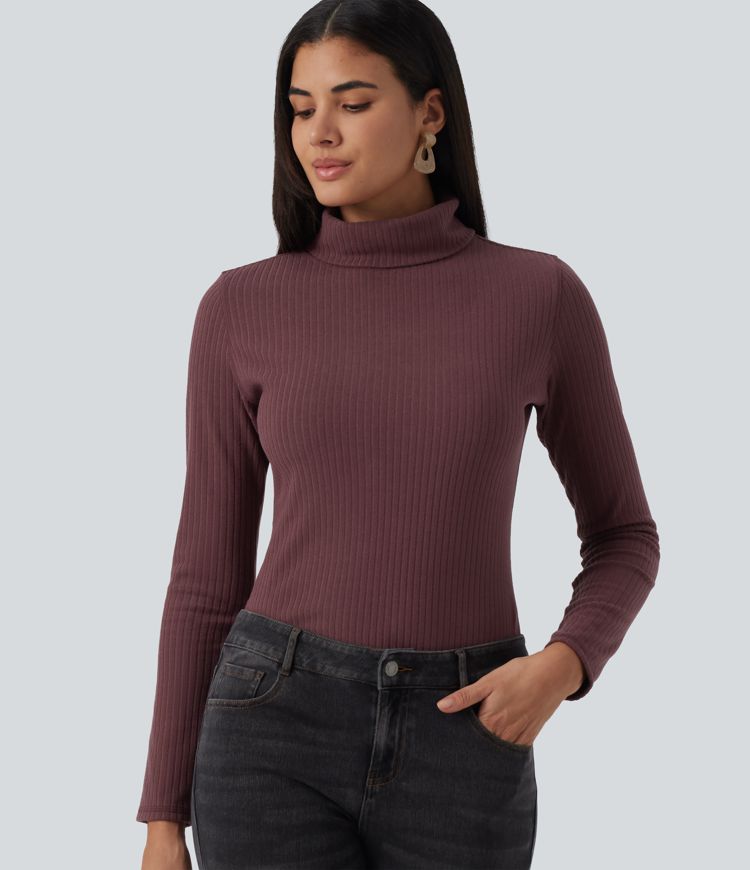 Red Mahogany Ribbed Knit High Neck Long Sleeve Slim Casual Top / 1
