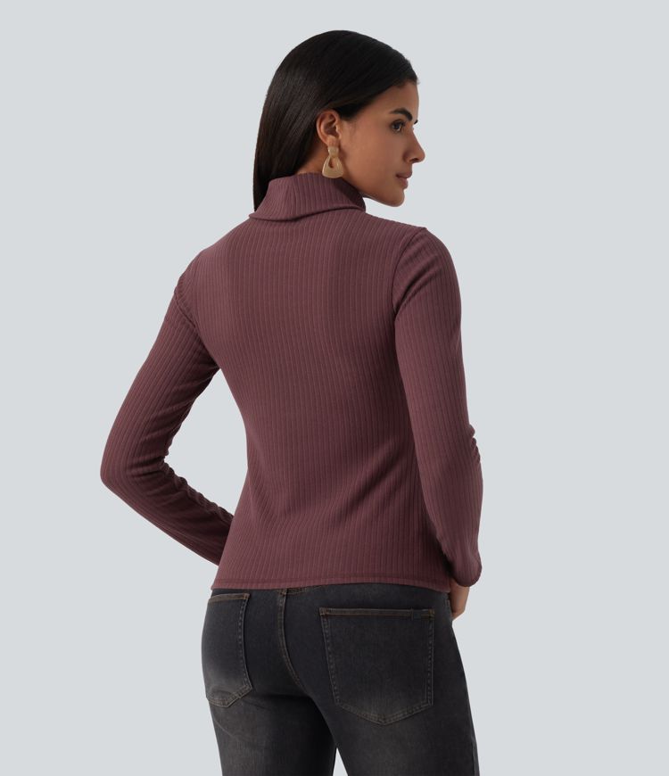 Red Mahogany Ribbed Knit High Neck Long Sleeve Slim Casual Top / 2