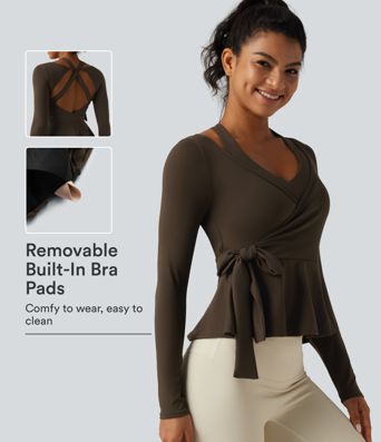 SoftlyZero™ Airy InstantCool Deep V Neck 2-in-1 Tie Side Backless Ruffle Hem Long Sleeve Yoga Sports Top