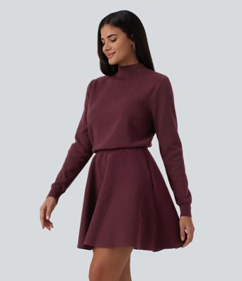 Mock Neck Long Sleeve A-Line Casual Mini Sweater Dress with Pockets
