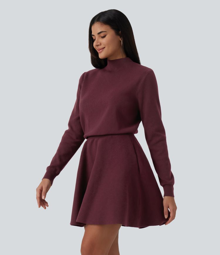 Mock Neck Long Sleeve A-Line Casual Mini Sweater Dress with Pockets