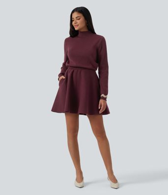 Mock Neck Long Sleeve A-Line Casual Mini Sweater Dress with Pockets