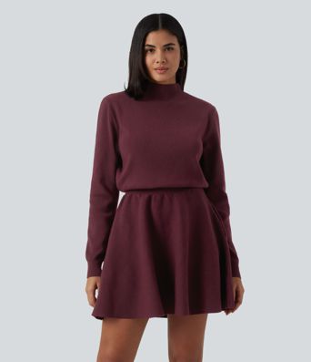 Mock Neck Long Sleeve A-Line Casual Mini Sweater Dress with Pockets