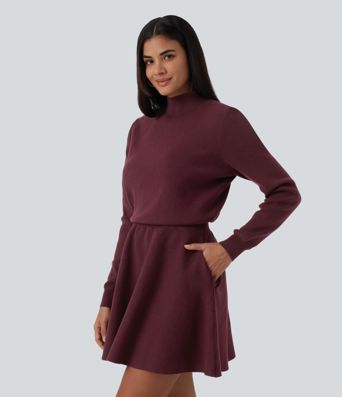 Mock Neck Long Sleeve A-Line Casual Mini Sweater Dress with Pockets