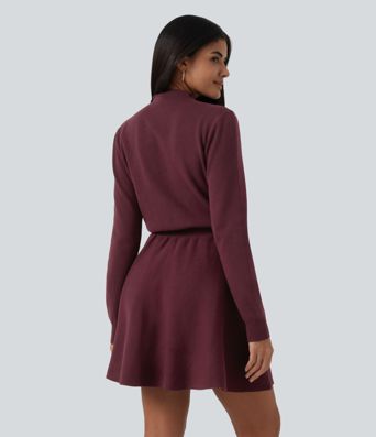 Mock Neck Long Sleeve A-Line Casual Mini Sweater Dress with Pockets
