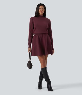 Mock Neck Long Sleeve A-Line Casual Mini Sweater Dress with Pockets
