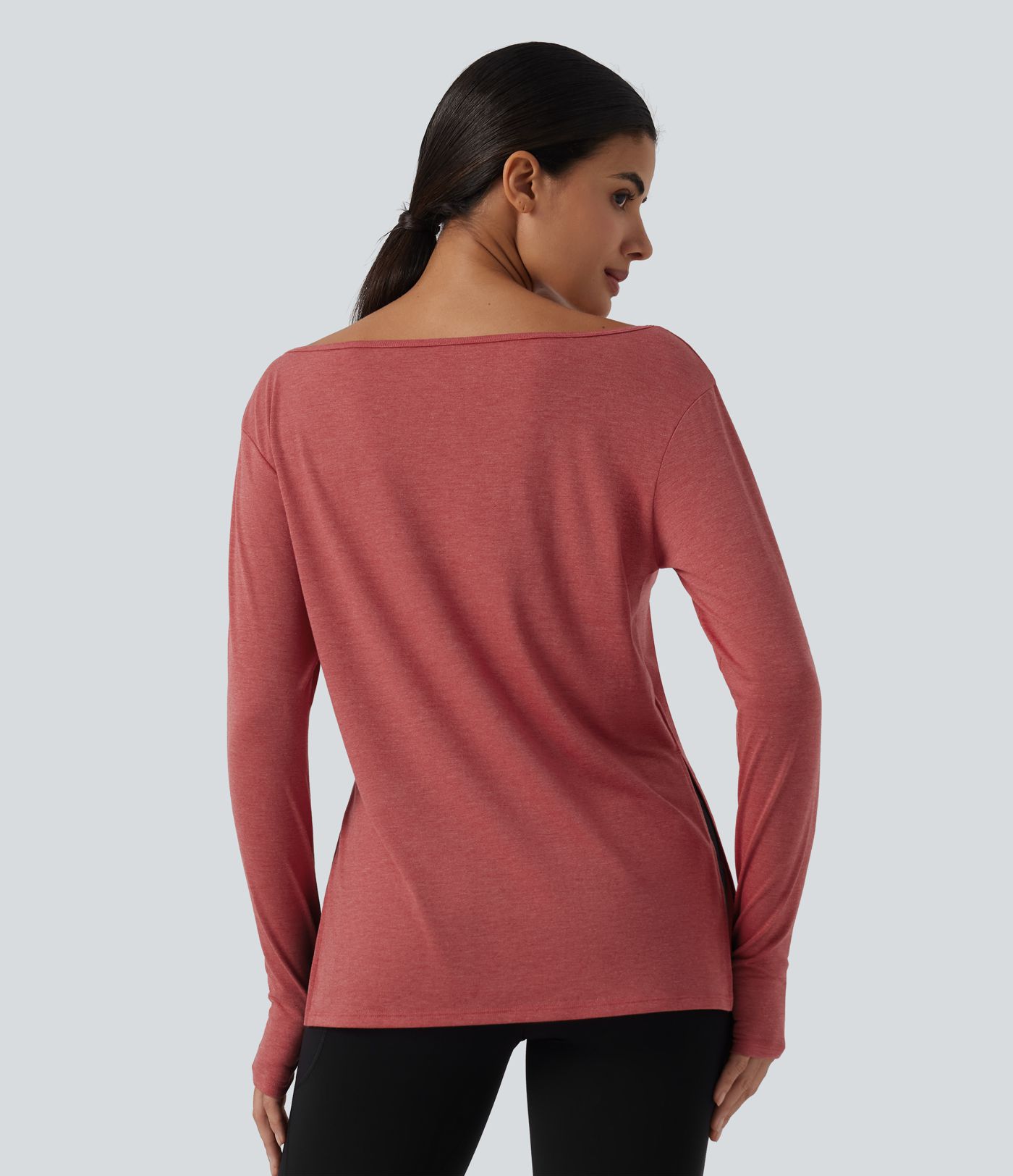 Boat Neck Dropped Long Sleeve Split Yoga Sweatshirt with Thumb Hole