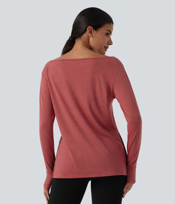 Boat Neck Dropped Long Sleeve Split Yoga Sweatshirt with Thumb Hole