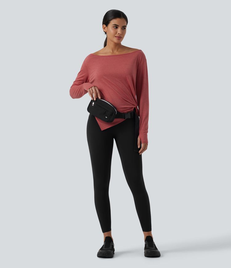 Boat Neck Dropped Long Sleeve Split Yoga Sweatshirt with Thumb Hole