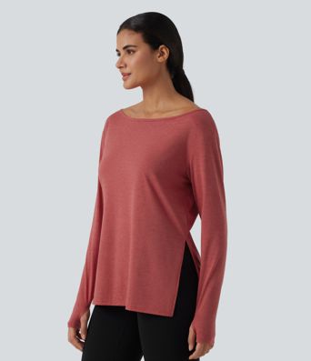Boat Neck Dropped Long Sleeve Split Yoga Sweatshirt with Thumb Hole