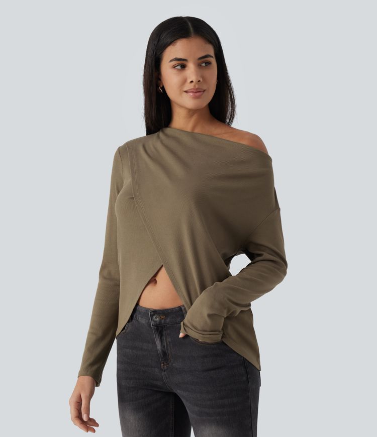 Cowl Neck Crossover Long Sleeve Curved Hem Casual Top Cowl Neck Crossover Long Sleeve Curved Hem Casual Top