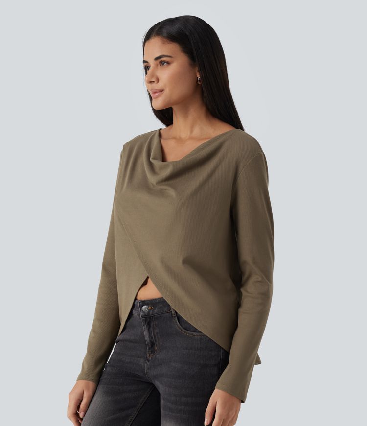 Cowl Neck Crossover Long Sleeve Curved Hem Casual Top Cowl Neck Crossover Long Sleeve Curved Hem Casual Top