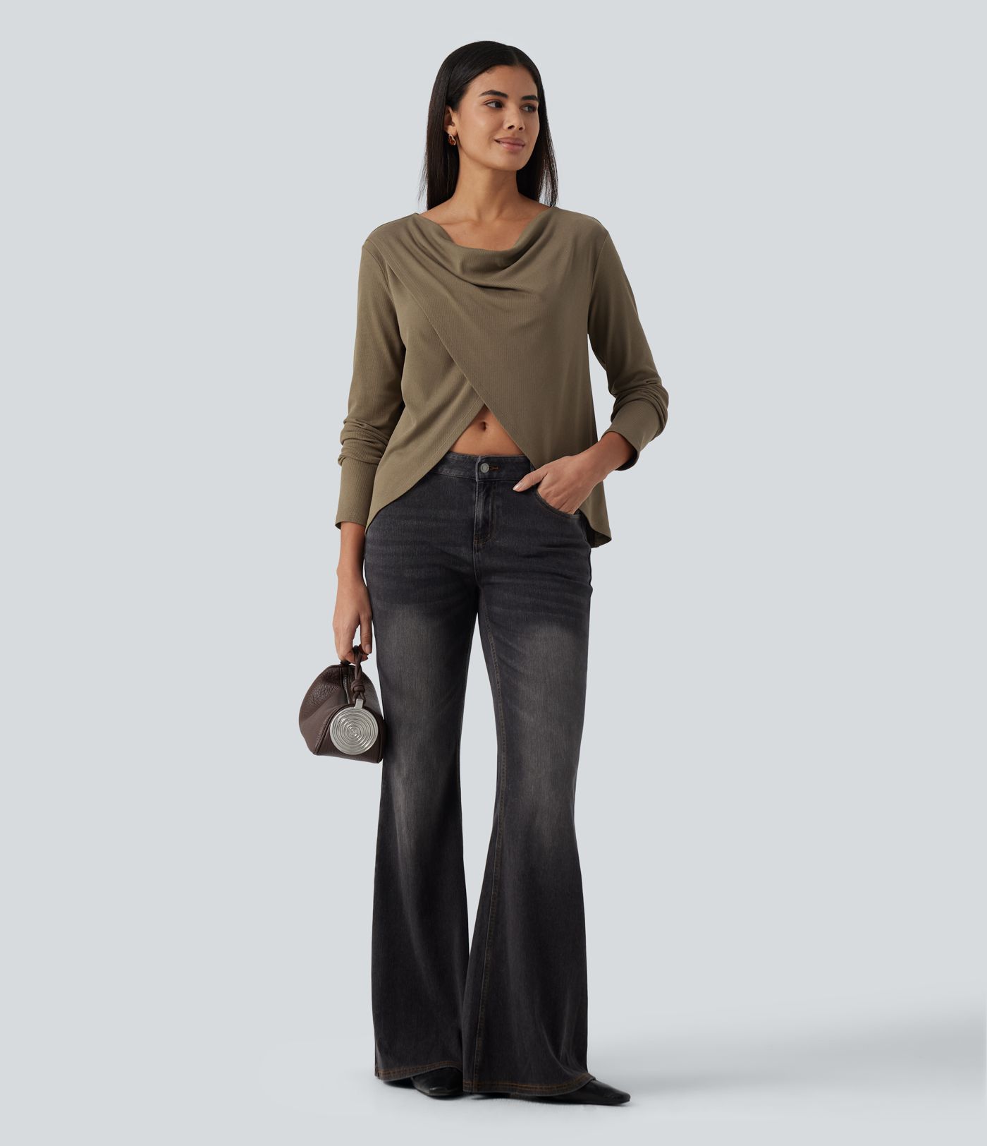 Cowl Neck Crossover Long Sleeve Curved Hem Casual Top Cowl Neck Crossover Long Sleeve Curved Hem Casual Top