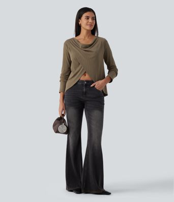 Cowl Neck Crossover Long Sleeve Curved Hem Casual Top Cowl Neck Crossover Long Sleeve Curved Hem Casual Top