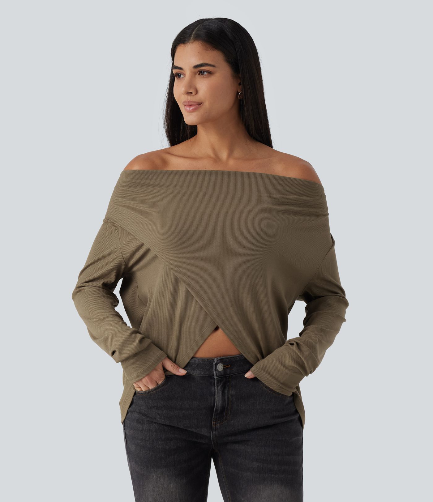 Cowl Neck Crossover Long Sleeve Curved Hem Casual Top Cowl Neck Crossover Long Sleeve Curved Hem Casual Top