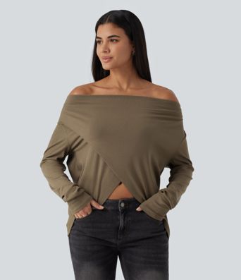 Cowl Neck Crossover Long Sleeve Curved Hem Casual Top Cowl Neck Crossover Long Sleeve Curved Hem Casual Top