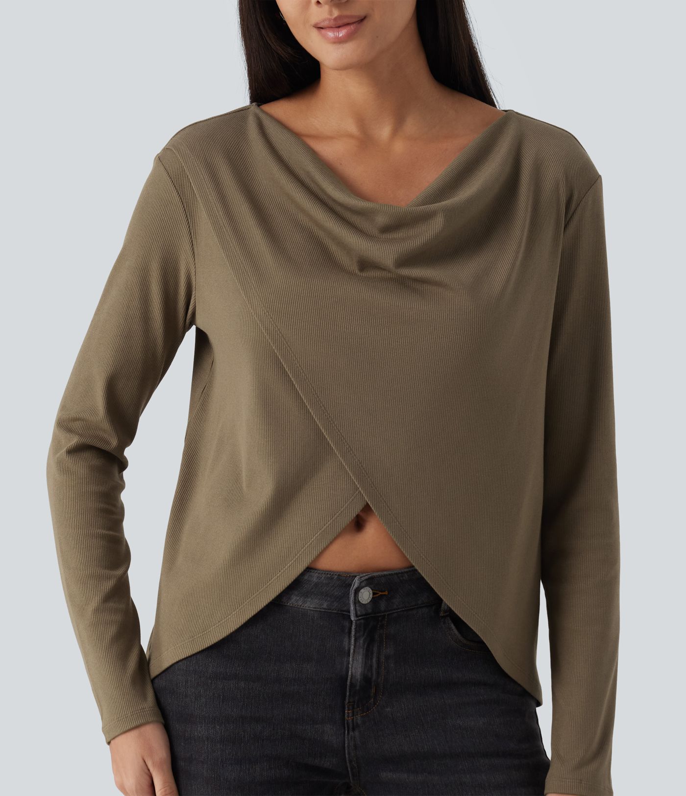 Cowl Neck Crossover Long Sleeve Curved Hem Casual Top Cowl Neck Crossover Long Sleeve Curved Hem Casual Top