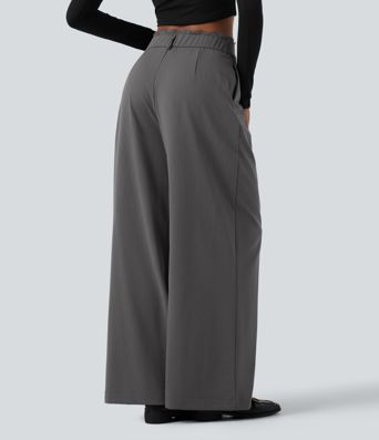 High Waisted Lace Panel Wide Leg Work Pants with Pockets