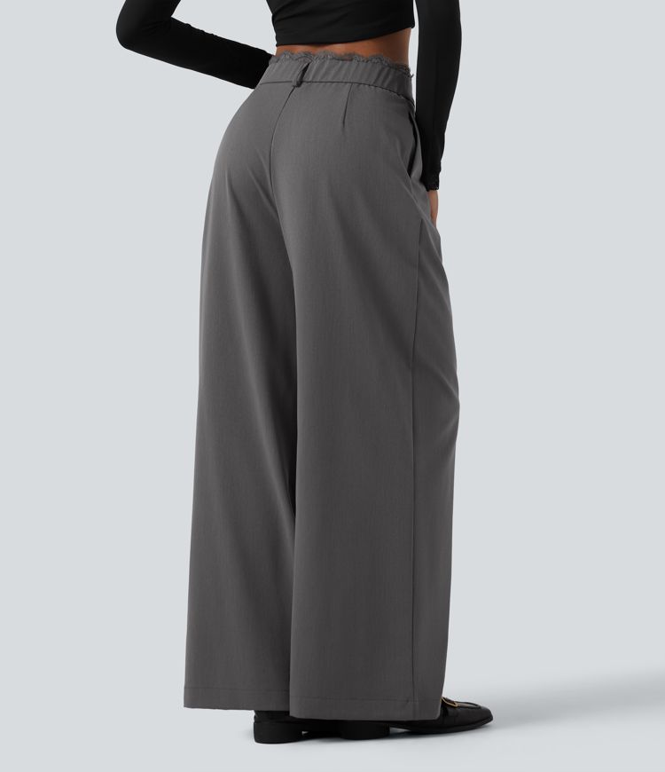 High Waisted Lace Panel Wide Leg Work Pants with Pockets