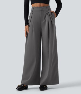 High Waisted Lace Panel Wide Leg Work Pants with Pockets