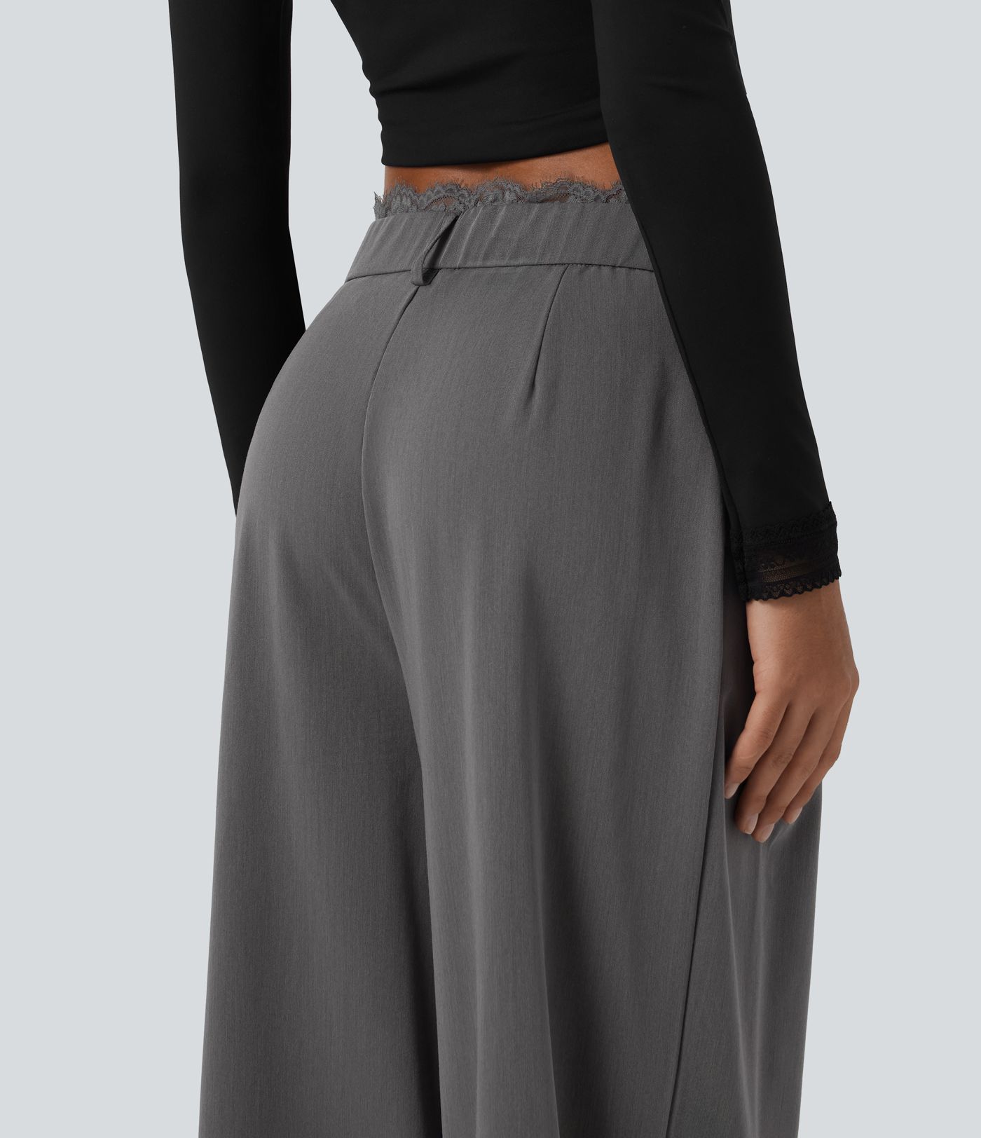 High Waisted Lace Panel Wide Leg Work Pants with Pockets