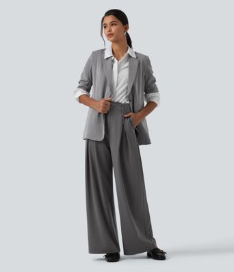 High Waisted Lace Panel Wide Leg Work Pants with Pockets